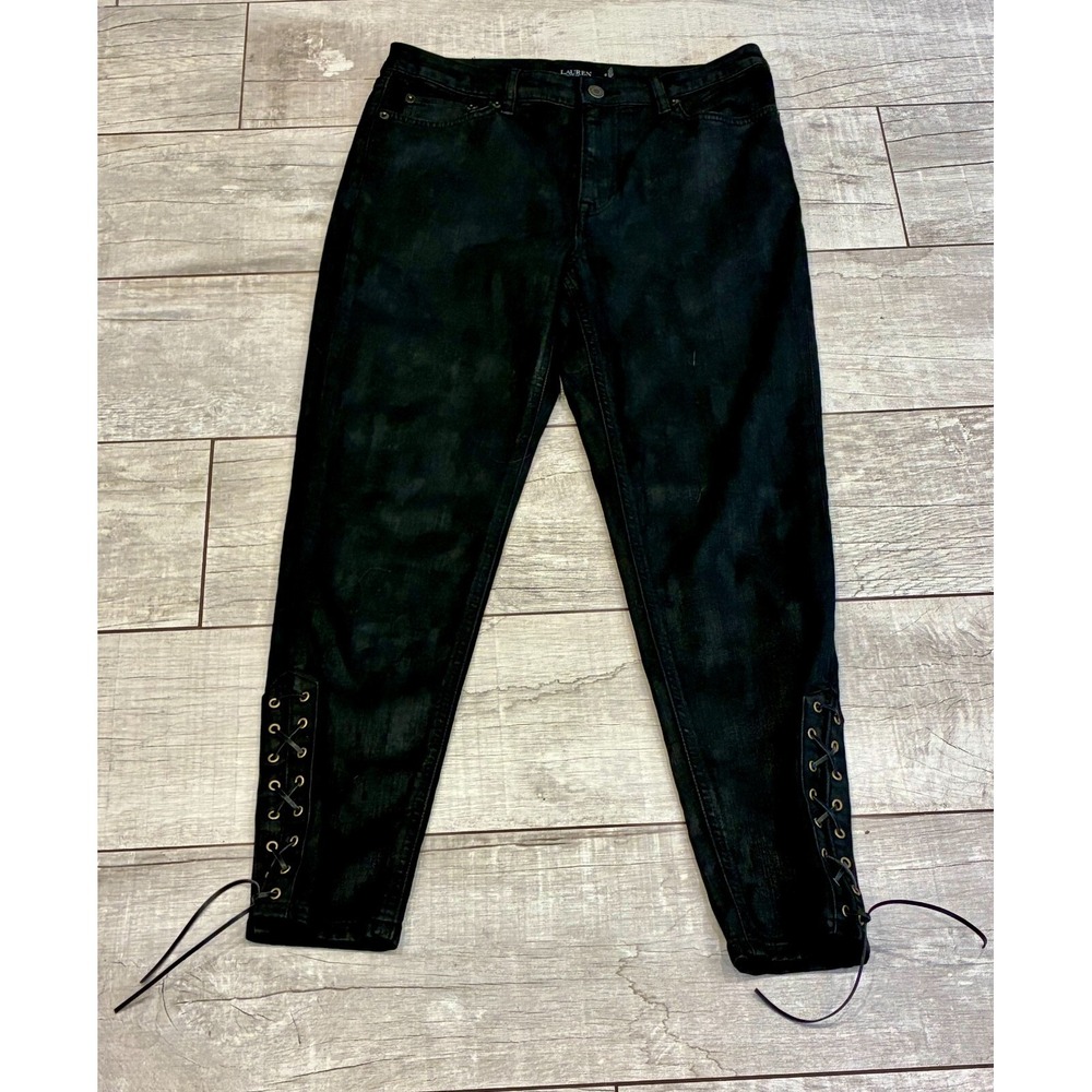 Lauren Ralph Lauren Black Label Jeans‎ Sz 10 Skinny Wax Lace Up Ankle Goth Moto
